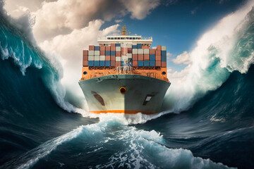Front view of a loaded container cargo vessel traveling with speed over blue ocean. Generative AI