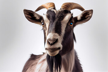 Goat with long hair and a goatish look on its face, with a light background. Generative AI