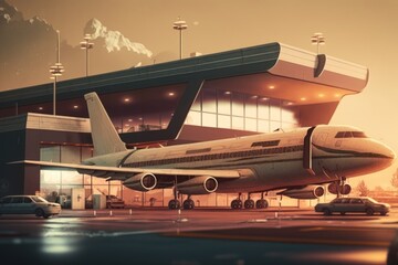 Modern airport building and plane created using generative ai technology