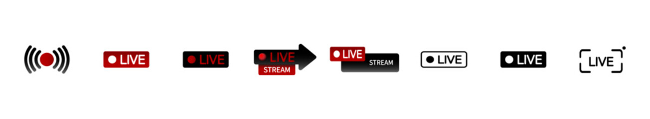 Vector illustration of live broadcast buttons. Camera with Live text. Circle, square, rectangle with text. Broadcasting events, social network, news, online confernce. Vector line icon for Business