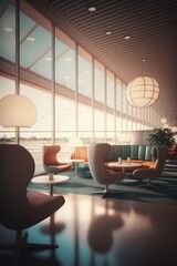 Airport with sofas, armchairs, lamps and plane outside window created using generative ai technology