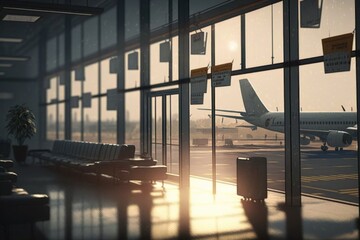 Airport with seats and plane outside window created using generative ai technology