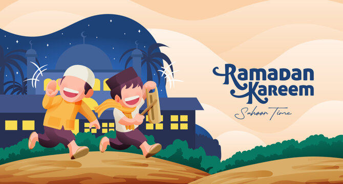 Ramadan Kareem Illustration Traditional Boy Calling People Up To Suhoor Meal Concept