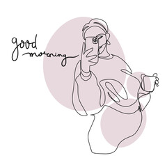 Good morning, one line drawing, a pregnant girl takes a selfie, a cup of coffee, fashion