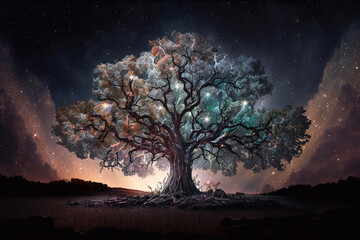 Obraz na płótnie Canvas Sparkling oak tree, magical sky background. Generative AI