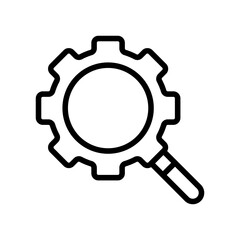 Gear with Magnifying glass. Setting, configuration, worker, repairman, engineer, tutorial, development. Setup concept. Vector line icon on white background