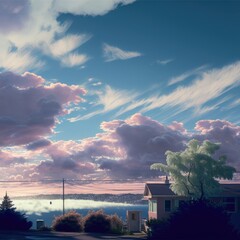 Landscape of blue sky and clouds over coast with houses over sea, using generative ai technology