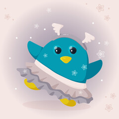 Dancing cute cartoon penguin in beige skirt, ballerina, angel wings hoop on head around snowflakes. Vector illustration card