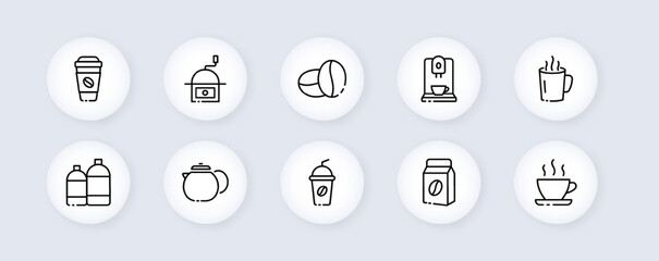 Hot drink set icon. Cafe, coffee, tea, grains, tea bag, mint, plant, herbs, barista, coffee machine, mug, glass. Beverage concept. Neomorphism style. Vector line icon for Advertising