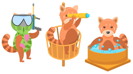 Set Abstract Collection Flat Cartoon Different Animal Red Pandas Playing Paintball, Enjoying In The Jacuzzi, In A Crow's Nest Looking Through A Spyglass Vector Design Style Elements Fauna Wild