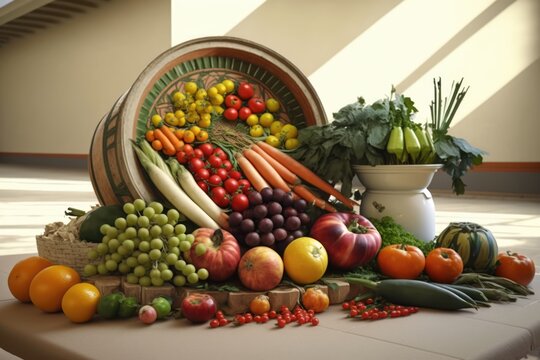 Empty room with basket of vegetables and fruit on floor over stairs, using generative ai technology