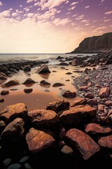 Fototapeta na wymiar Landscape of beach with rocks over sea and mountain, created using generative ai technology