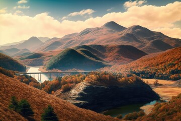 Fototapeta na wymiar Landscape, clouds over hills and bridge, created created using generative ai technology