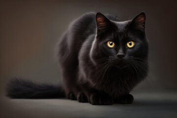 Black cat with yellow eyes on black background created using generative ai technology