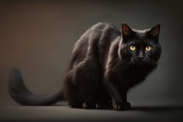 Black cat with yellow eyes on black background created using generative ai technology