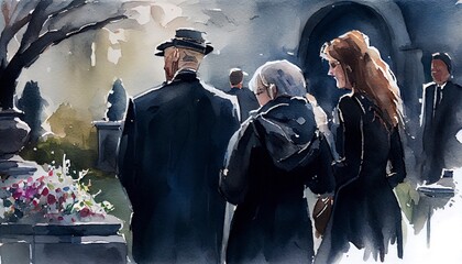 Grieving family wearing black clothing at a funeral. AI Generative Art.