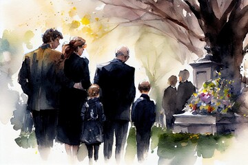 Grieving family wearing black clothing at a funeral. AI Generative Art. - obrazy, fototapety, plakaty