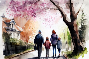 Family walking in the park in spring. AI Generative Art.
