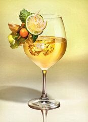 Glass of tropical cocktail with ice, decorated of physalis berry and citrus slices