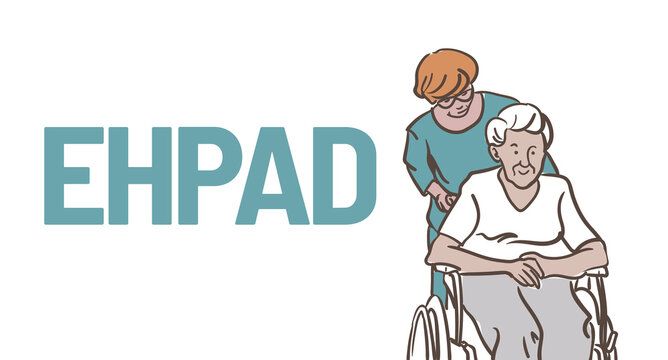 Femme &acirc;g&eacute;e dans un fauteuil roulant dans un EHPAD pouss&eacute; par une infirmi&egrave;re