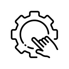Gaer with index finger line icon. Mechanism, wheels, construct, build, device, mechanical, engine, lock, builder, technology. Vector line icon isolated on white background