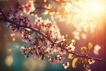 Spring blossom background. Nature scene with blooming tree and sun flare. Spring flowers. Beautiful orchard Photography made with Generative AI