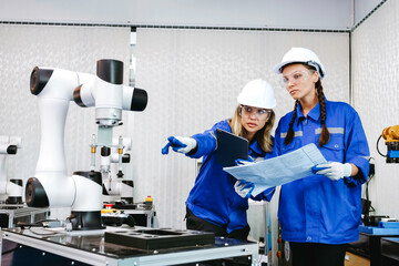 female automation machine engineer student study and inspection control robot arm machine in...