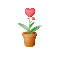 red heart plant in pot icon. love tree on pot for valentine's day, 3D render illustration