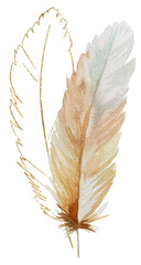 Watercolor beige and gold feathers, glitter outlines, Bohemian element illustration isolated