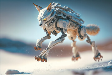 Fototapeta na wymiar Robot animal kingdom. Robot fox jumping in the snow