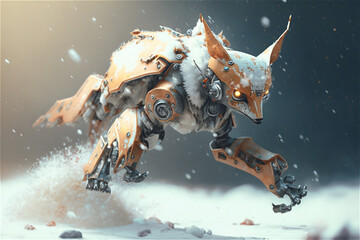 Robot animal kingdom. Robot fox jumping in the snow

