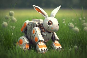 Robot animal kingdom. Robot rabbit in the grass.