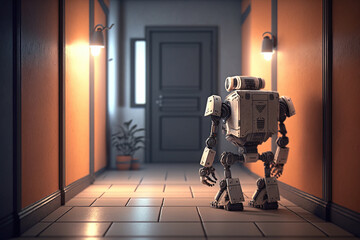 Fototapeta na wymiar A sad robot with a bowed head is about to leave the house.Generative AI