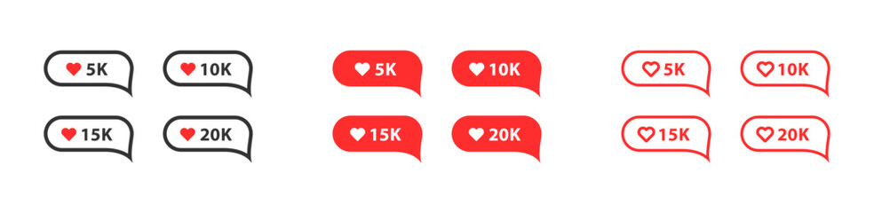 Like for social network set icon. Social media communication, like button, positive comment, 5k. 10k, 15k, 20k, reaction rating. Feedback concept. Vector line icon isolated on white background