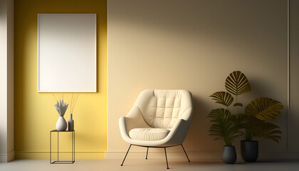 Mockup photo frame in minimalist yellow modern interior background, 3d render