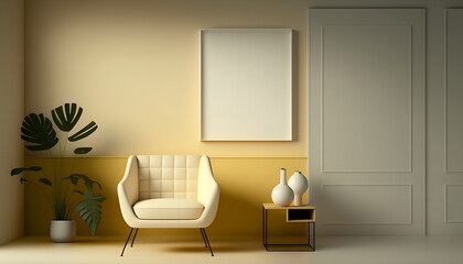 Mockup poster frame in minimalist modern interior yellow background, 3d render.