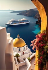Cruise ship in the Greek islands with a beautiful sunrise, generative AI - obrazy, fototapety, plakaty