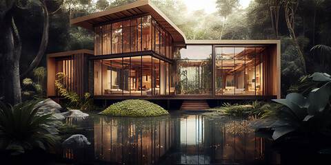 Sustainable modern wood and glass mansion with pool surrounded by a tropical garden, generative AI