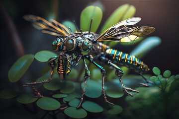 Robot animal kingdom. Robot dragon-fly in nature