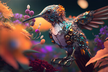 Robot animal kingdom. Robot hummingbird in the forest