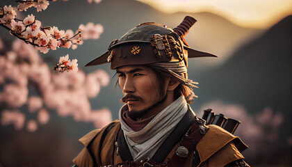 Fototapeta na wymiar Samurai portrait with cherry blossom in the mountains, Generative AI
