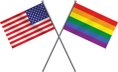 An American and LGBTQ rights flag crossed on a white background illustration.