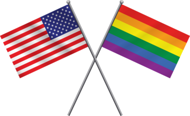 An American and LGBTQ rights flag crossed on a white background illustration.