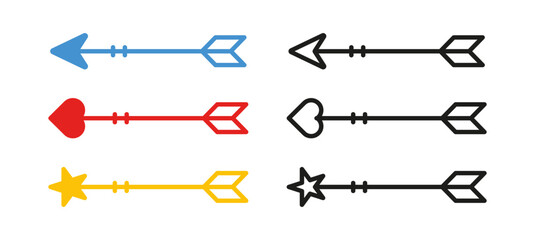 Amer arrow icon set. Fall in love, arrow, cupid, relationship, couple, party, gift, ball, surprise, gift, romance, marriage. Love concept. Vector icon in line, black and colorful style