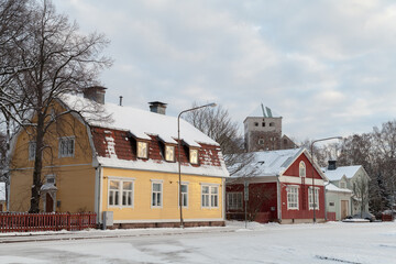 Street view of Turku on a winter day. Old residential houses