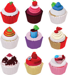 Set of drawings of cupcakes with various types of toppings from fruits, candy and sweets. Colored in pastel colors. Looks delicious and interesting
