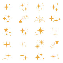 Collection of different stars and sparkles isolated on dark background. Illustration on transparent background
