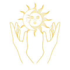 The mystical symbol - moon and sun with face in hands. Illustration on transparent background