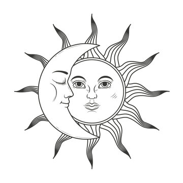 The mystical symbol - moon and sun with faces in retro style. Illustration on transparent background