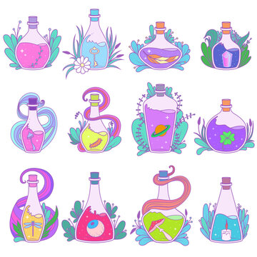 Magic Bottles collection. Illustration on transparent background
